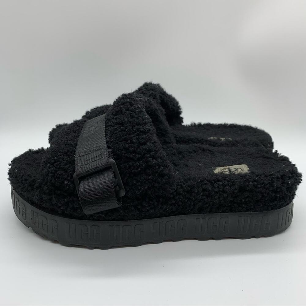 UGG Fluffita Platform Sheepskin Slipper Black Size 9/9.5 Lounge Travel Fuzzy‎ - Picture 7 of 11